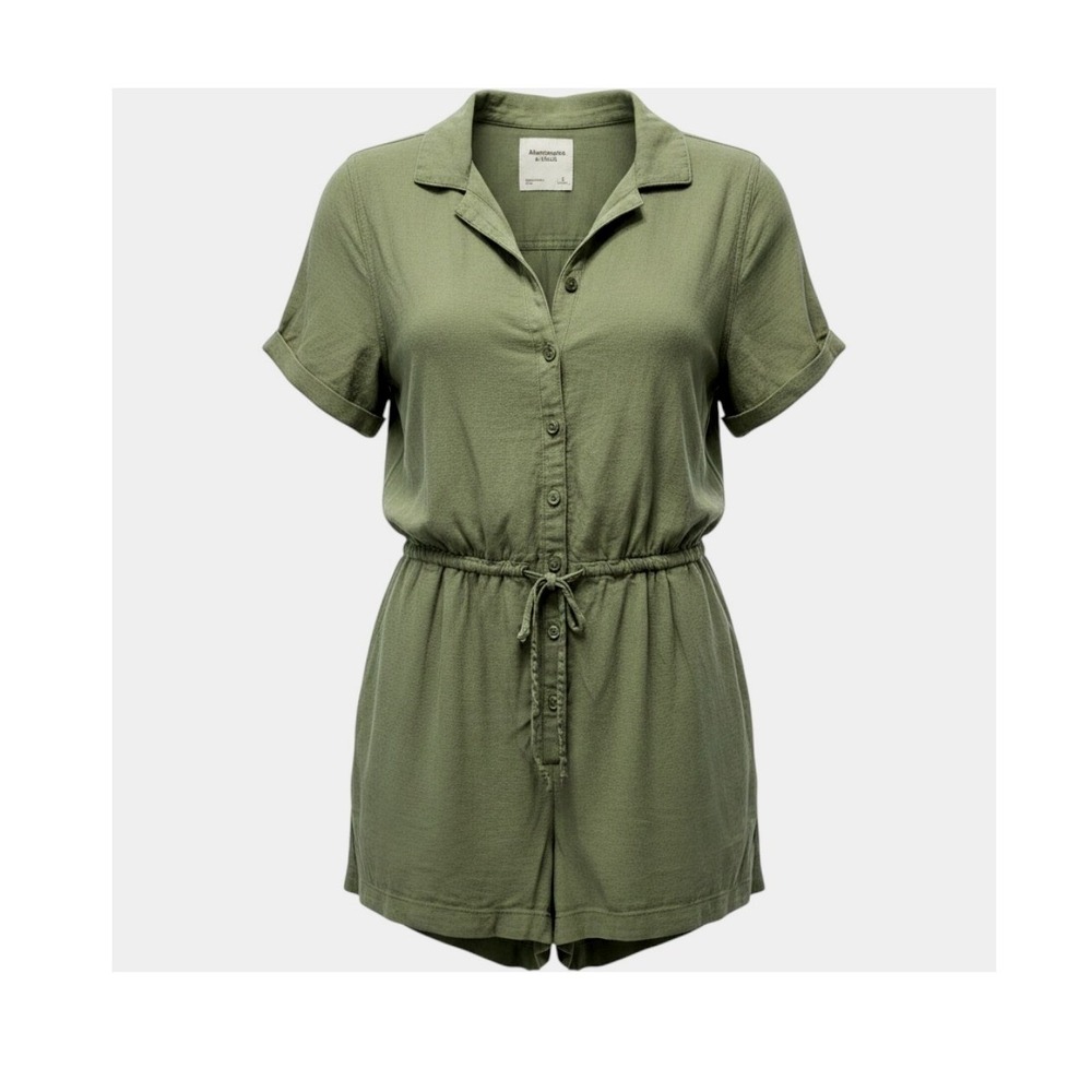 Abercrombie & Fitch Romper Women S Green Linen Blend Button Front Utility Collar
